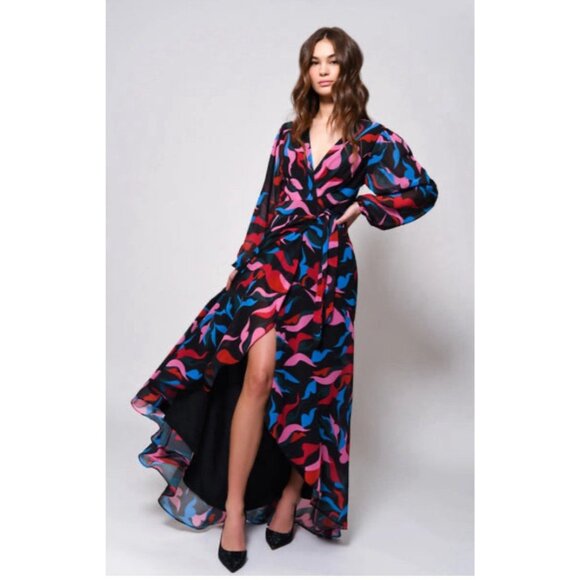 Anthropologie Hutch Hi Low Maxi Dress Medium Wrap Ruffle Long Balloon Sleeve - Picture 1 of 16